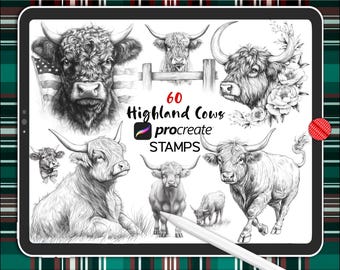 60 voortplantingsstempels Schotse hooglanders: rustieke boerderijdieren (digitale penseelstempels)