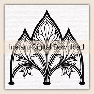 May include: A black and white digital graphic featuring a symmetrical, pointed arch design with intricate, flowing leaf and vine patterns. The artwork is centered on a textured white background and includes the text Instant Digital Download.