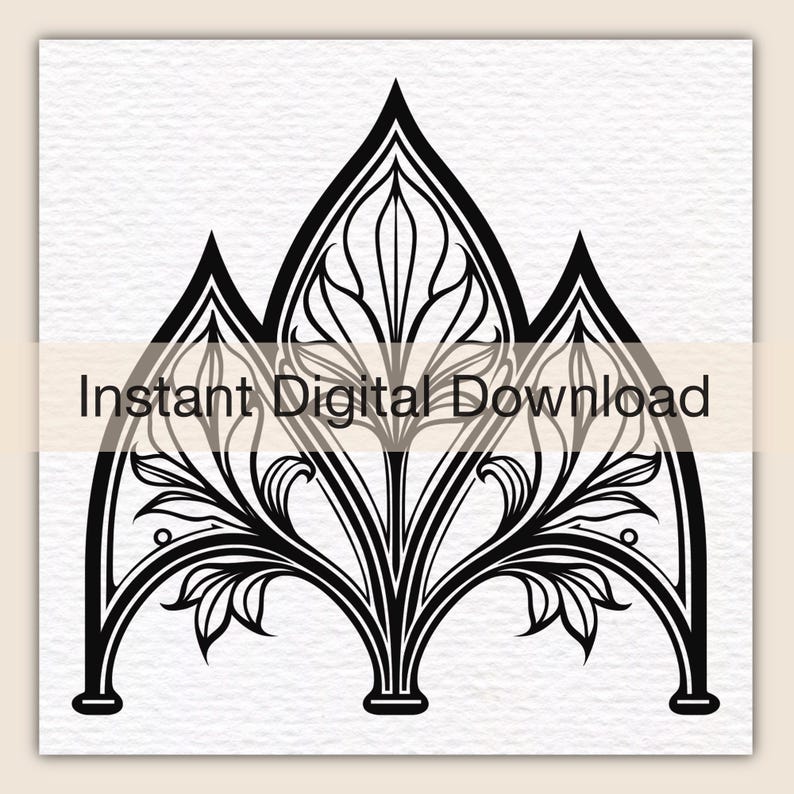 May include: A black and white digital graphic featuring a symmetrical, pointed arch design with intricate, flowing leaf and vine patterns. The artwork is centered on a textured white background and includes the text Instant Digital Download.