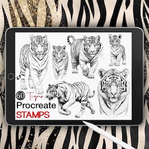 60 sellos de tigre para Procreate: Arte lineal de animales (juego de pinceles digitales)