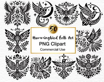 50 Hummingbird Clipart: Nordic Folk Art Black Silhouettes PNG (Digital Download)