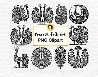 50 Peacock Clipart: Scandinavian Folk Art, PNG Graphics (Digital Download)
