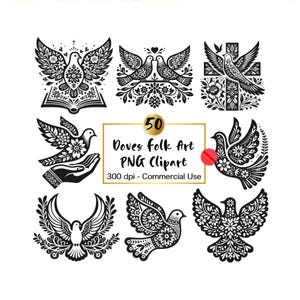 Duiven clipart noordse volkskunst lente vogel digitale download Scandinavische volksvredesduif clip art bundel zwarte bloemen duif afdrukbaar png-bestand