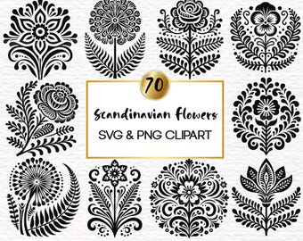 70 Scandinavian Folk Art Flower SVG & PNG Bundle: Nordic Floral Clipart (Digital Download)