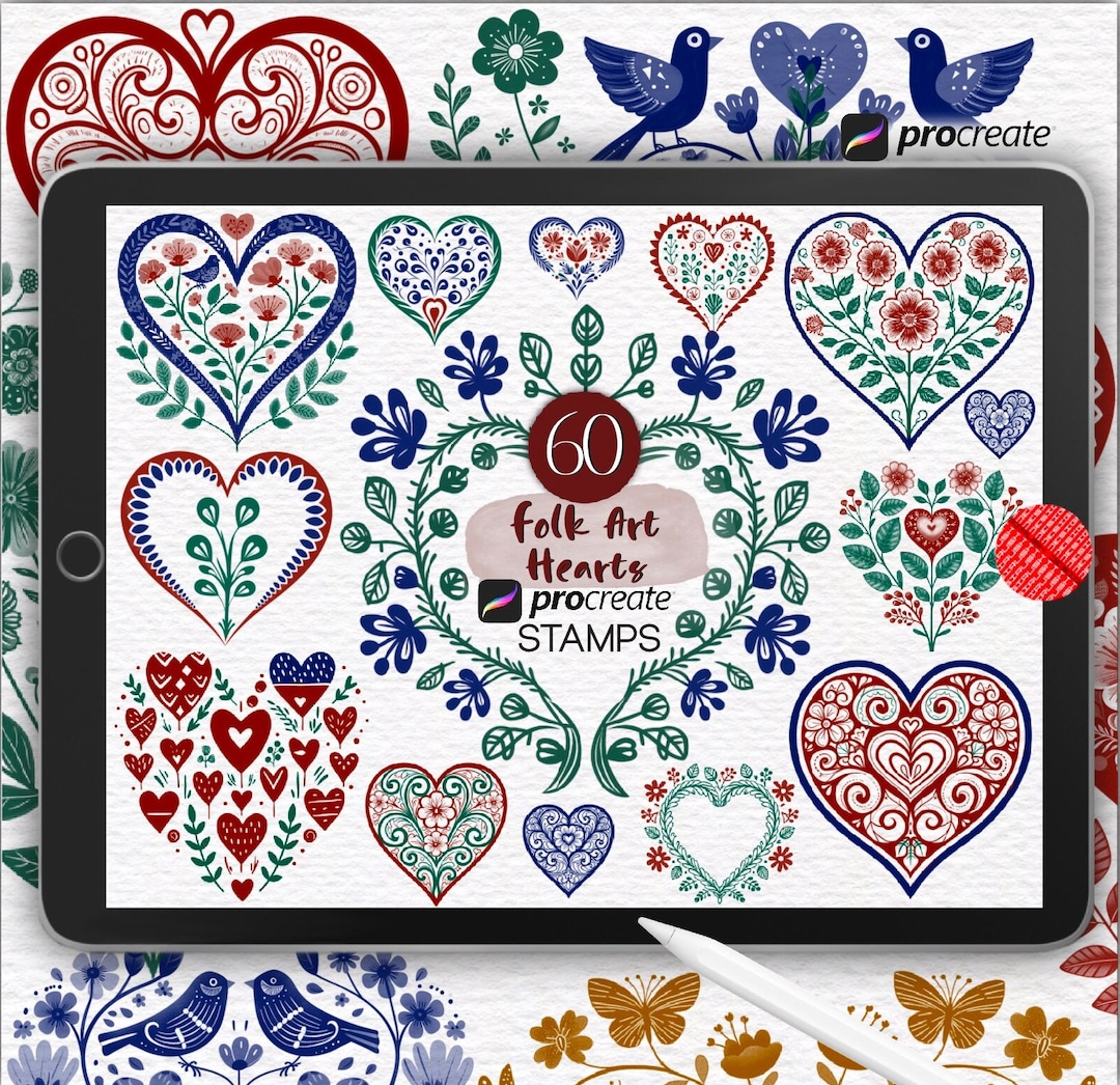 Procreate Folk Art Heart Stamps - Scandinavian Brushes, Nordic Digital ...