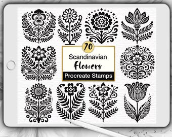 70 Scandinavian Floral Procreate Stamps, Nordic Folk Art Flowers (Digital Brush Set)
