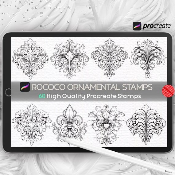 60 Rococo Ornamental Procreate Stamps: Ornate Floral Ornaments (Digital Brush Set)