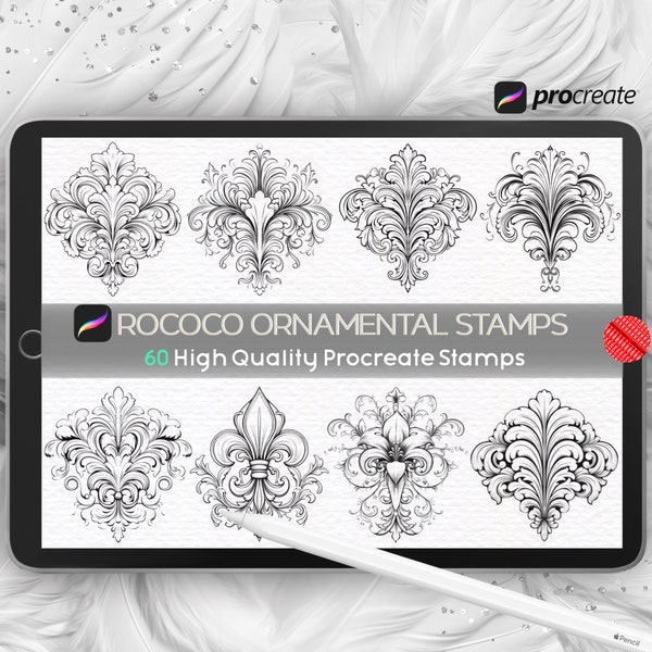 Rococo Ornamental Procreate Stamps, Baroque Floral Brush, Renaissance, Heraldry, Vintage,  Fleur De Lis, Tattoo Stamp, Ornate, Damask