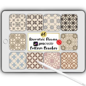 May include: A digital tablet screen displaying 65 geometric flower pattern brushes for Procreate. The brushes are arranged in a grid of nine squares, each featuring a different pattern in various colors, including brown, beige, black, and blue.