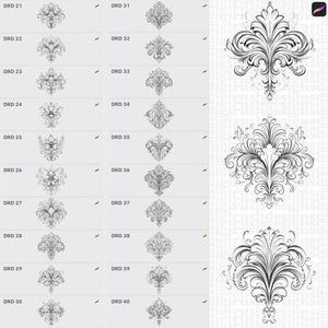 May include: A collection of black and white ornamental design elements. The image features various symmetrical floral and scroll patterns, with the text "DRD" followed by numbers. These designs are suitable for digital art or graphic design projects.