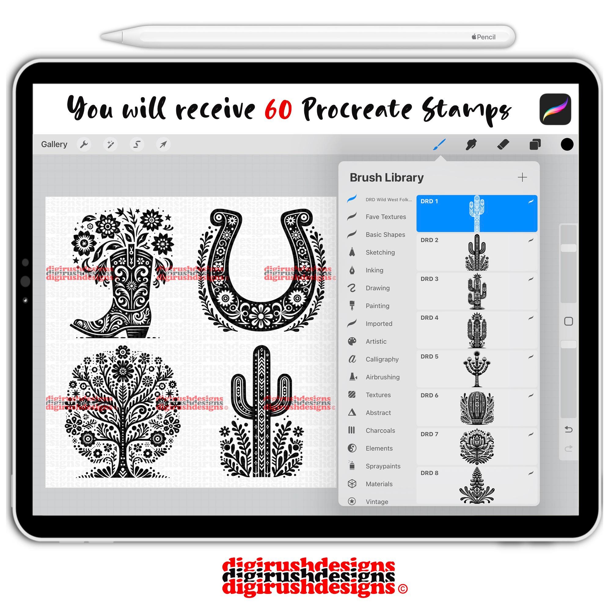 60 Wild West Folk Art Procreate Stamps: Cowboy, Cowgirl (digital Brush ...