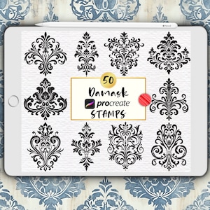 Procreate Damask Stamps, Damask Flower Brushes, Digital Download, Digital Brush Bundle Set, Heraldry, Digital Tattoo Stamp