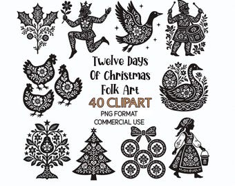 Twelve Days of Christmas Folk Art Clipart: 40 Nordic Winter PNG Elements (Digital Download)