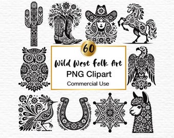 60 Wild West Folk Art Clipart: Scandinavian Style Cowboy, Cowgirl PNG Overlays (Digital Download)