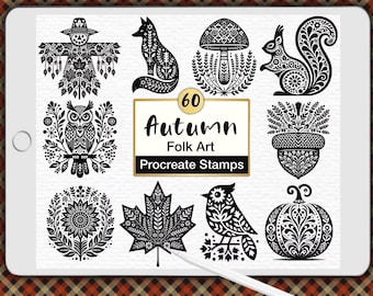 60 Autumn Folk Art Procreate Stamps: Scandinavian Nordic Animals (Digital Brush Set)