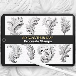 Könnte beinhalten: Ein digitaler Tablet-Bildschirm mit 80 Acanthus Leaf Procreate Stamps, die verschiedene schwarz-weiße Illustrationen detaillierter Akanthusblätter in zwei Reihen zeigen, mit einem weißen Eingabestift am unteren Bildschirmrand.