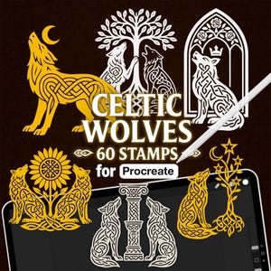 Könnte beinhalten: Eine digitale Sammlung von 60 keltischen Wolfsstempeln für Procreate mit komplizierten Knotenmustern in Gold und Weiß. Die Grafiken zeigen Wölfe mit Bäumen, Monden, Sternen, Sonnenblumen und Säulen auf einem dunklen Hintergrund mit einem Eingabestift.