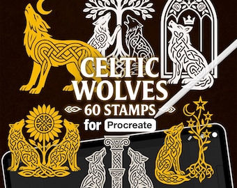 60 timbri digitali di lupi celtici per Procreate: disegni di tatuaggi medievali con nodi (pennelli digitali)