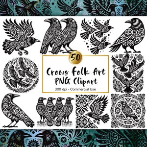 Clipart corbeau, art folklorique nordique, oiseaux d'hiver en téléchargement numérique, corbeaux folkloriques scandinaves Clip Art, corbeau noir, fichier PNG imprimable