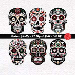 Mexikanische Schädel Clipart PNG digitaler Download, Zucker Schädel Clip Art Datei, mexikanische Erbschädel gruselige verzieren Schädel Grafiken für kommerzielle Nutzung