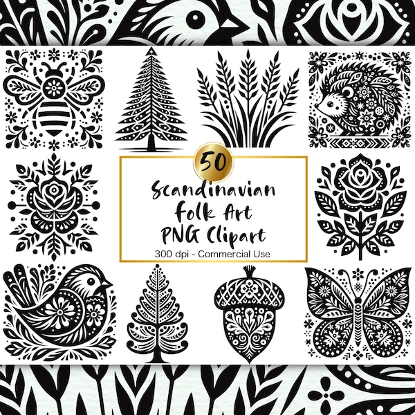 Scandinavian Folk Art Clipart PNG Graphics - Nordic Folklore Digital Download - Traditional Botanical Folk Art Flowers & Animals Printables