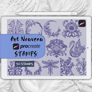 Art Nouveau Procreate Stamps Elegant Flowers Borders Frames Floral Silhouette Digital Brushes Vintage Decorative Elements Retro Line Art