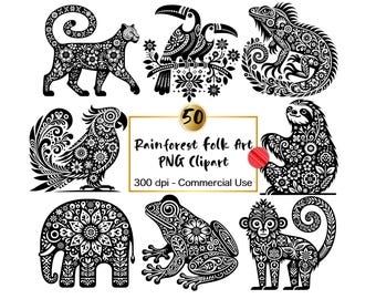 50 clipart di animali della foresta pluviale in stile arte popolare scandinava: grafica PNG (download digitale)