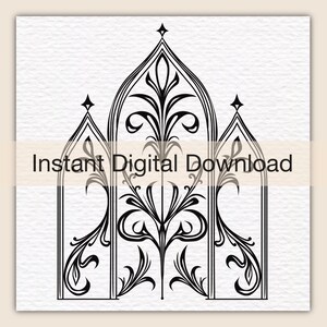 May include: A black and white digital illustration featuring a triptych of three pointed gothic arches. Each arch contains intricate, symmetrical, flowing botanical line art patterns. The text "Instant Digital Download" is centered across the image.