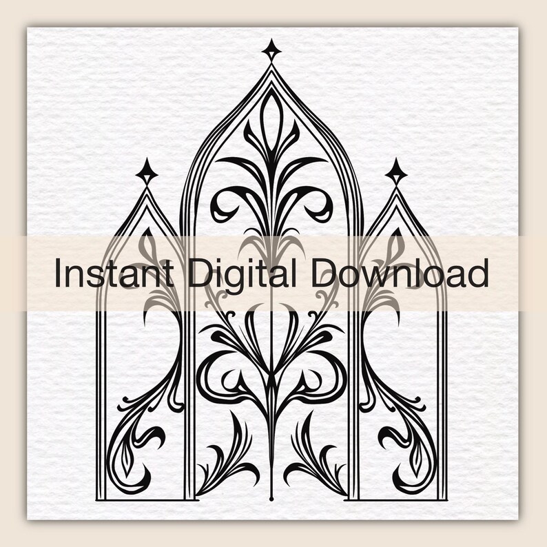 May include: A black and white digital illustration featuring a triptych of three pointed gothic arches. Each arch contains intricate, symmetrical, flowing botanical line art patterns. The text "Instant Digital Download" is centered across the image.