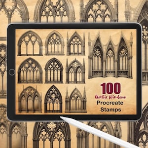 May include: A digital tablet screen displaying a collection of twelve detailed illustrations of various Gothic window designs on a parchment-coloured background. The text 100 Gothic Windows Procreate Stamps is clearly visible in the lower right corner.