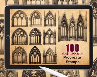 100 Gothic Windows Procreate Stamps: Medieval Church Architecture (Digital Brush Set)