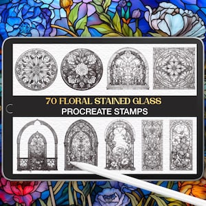 May include: A digital tablet screen displaying 70 floral stained glass Procreate stamps. The screen shows various black and white line art designs of circular, arched, and rectangular stained glass patterns featuring intricate floral motifs.
