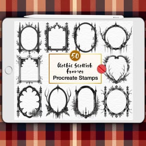 May include: A digital tablet screen displaying a collection of 50 black and white Gothic Scottish frames as Procreate stamps. The graphic features various ornate, pointed, and circular frame designs with intricate details like antlers and roses.