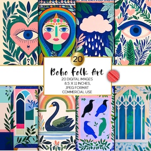 Carta per diario Boho Folk Art, carta digitale Nordic Scandinavian Folklore, pagine di diario Botanical Junk, carta A4 stampabile da 8,5 x 11 pollici