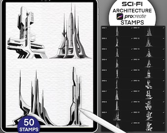 50 Sci-Fi Architecture Procreate Stamps: Futuristic Cyberpunk Cityscape (Digital Brush Set)