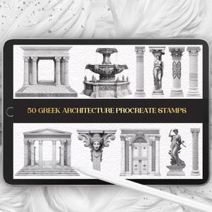 50 Greek Architecture Procreate Stamps: Ancient Building (Digital Brush Set)