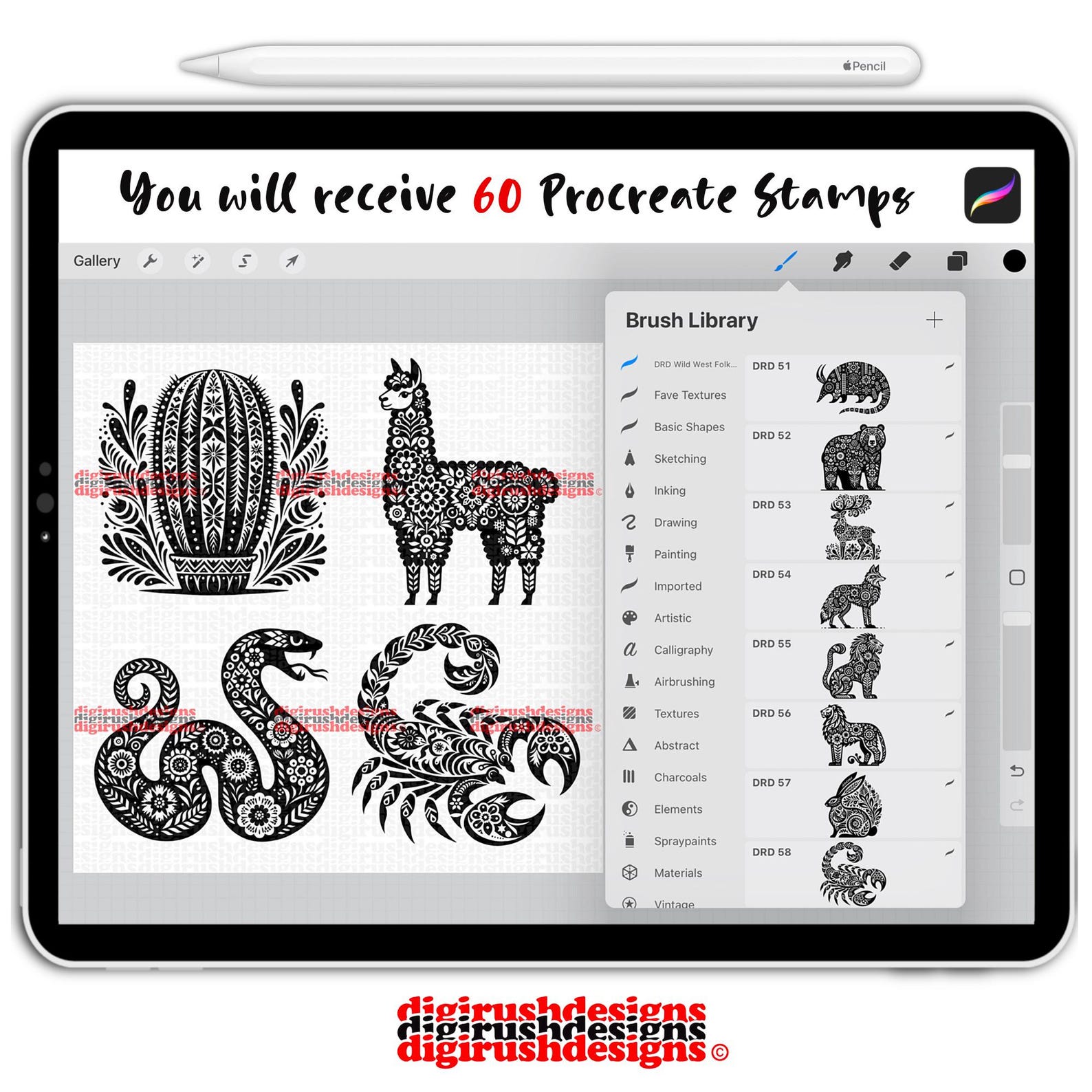 60 Wild West Folk Art Procreate Stamps: Cowboy, Cowgirl (digital Brush ...