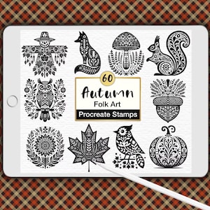 60 Herfst Folk Art Procreate Stempels: Scandinavische Noordse Dieren (Digitale Penseelset)