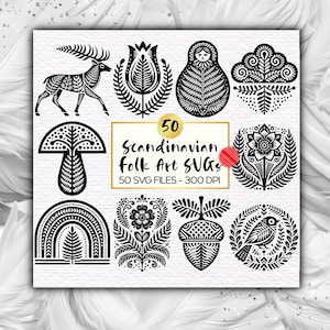 Pacchetto SVG di arte popolare scandinava - Download digitale di folklore nordico - File SVG di fiori e animali di arte popolare botanica tradizionale - Cricut SVG