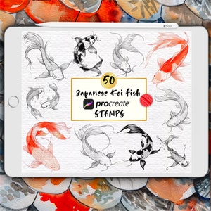 Koivissen plantenstempels voort, Japanse karpervissen tattoostempels, zeer fijne tekeningen, overzicht, silhouet, Koivissenborstels, in het water levende, digitale borstelset