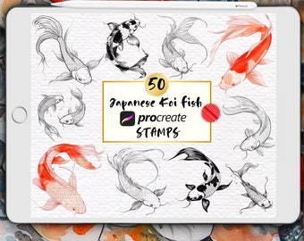 Koi Fish Procreate Stamps, Japanese Carp Fish Tattoo Stamps, Line Art, Outline, Silhouette, Koi Fish Brushes, Aquatic, Digital Brush Set