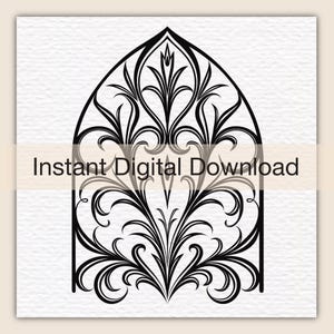 May include: A black and white graphic illustration featuring a pointed arch frame filled with intricate, symmetrical floral scrollwork and filigree patterns. The text "Instant Digital Download" is overlaid across the center of the design.