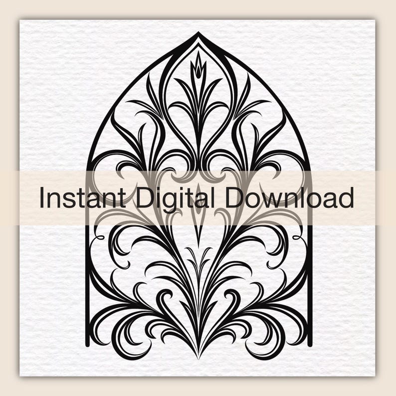May include: A black and white graphic illustration featuring a pointed arch frame filled with intricate, symmetrical floral scrollwork and filigree patterns. The text "Instant Digital Download" is overlaid across the center of the design.