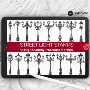 Znaczki Procreate Street Light, pędzle do lamp ulicznych, znaczki do latarni ulicznych, renesans, barok, latarnie uliczne wiktoriańskie, ozdobne latarnie uliczne