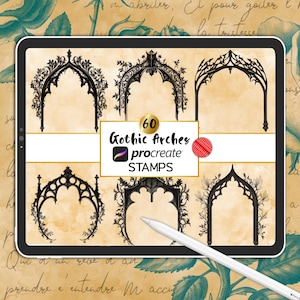 May include: A digital tablet screen displaying 60 black and white gothic arch designs. The text "60 Gothic Arches" and "procreate STAMPS" is displayed on the screen. The tablet is on a surface with a floral pattern.