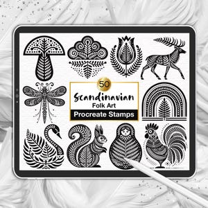 May include: A digital tablet screen displaying 50 Scandinavian Folk Art Procreate Stamps. The black and white graphic icons include a mushroom, floral motifs, a deer, a dragonfly, a rainbow, a swan, a squirrel, a doll, and a rooster.