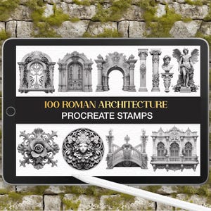 May include: A digital tablet displaying a collection of 100 Roman architecture Procreate stamps. The screen shows various grayscale illustrations of classical arches, columns, statues, floral ornaments, and balconies with the text 100 ROMAN ARCHITECTURE PROCREATE STAMPS.