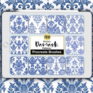 Puede incluir: Una pantalla de tableta que muestra 100 Rococo Damask Patterns Procreate Brushes con un cuadro blanco central que contiene el texto 100 Rococo Damask Patterns Procreate Brushes, rodeado de once cuadrados con varios diseños de damasco azul y blanco.