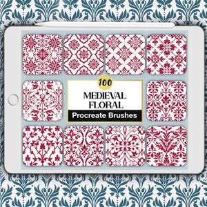 May include: A digital tablet displaying a collection of ten square tiles featuring intricate dark red floral patterns on a white background. A central white rectangular label contains the text 100 MEDIEVAL FLORAL Procreate Brushes.