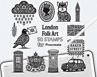 50 timbri Procreate ispirati all'arte popolare londinese: icone del patrimonio britannico (set di pennelli digitali)